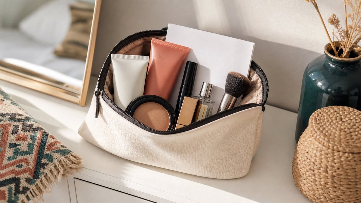 Trousse beauté avec les produits essentiels du quotidien.