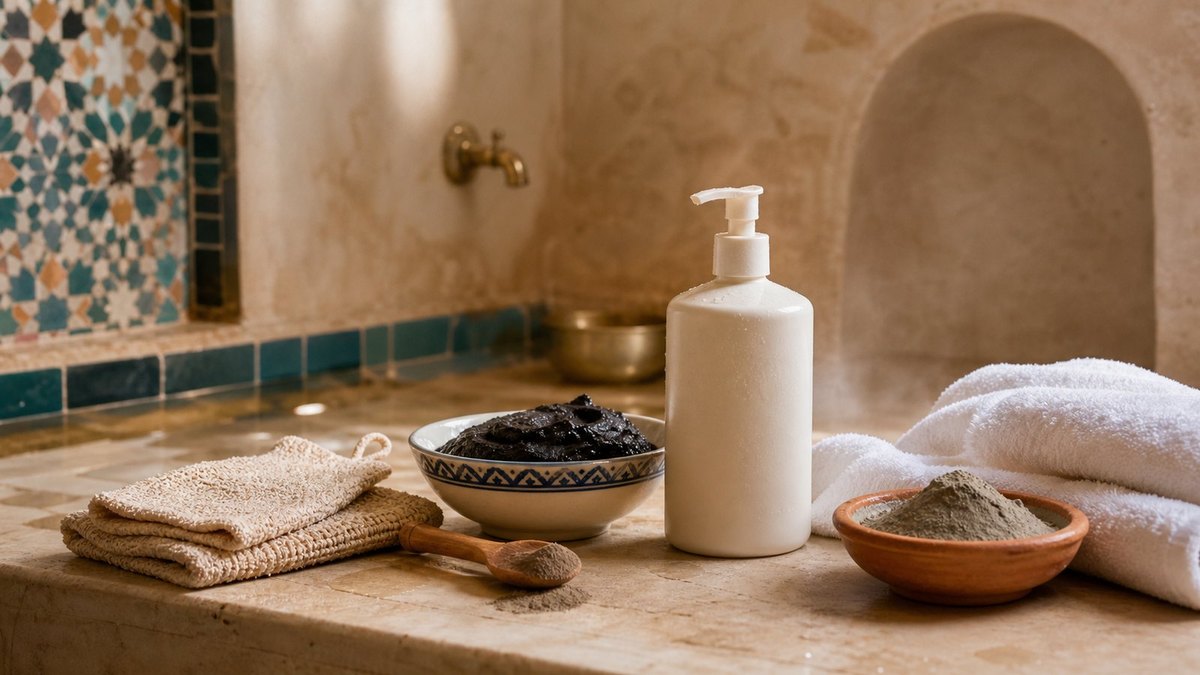 Savon noir et gant de hammam pour exfoliation du corps.