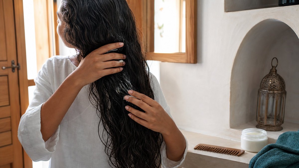 Soins cheveux avec chapeau et huile pour limiter la secheresse au soleil.