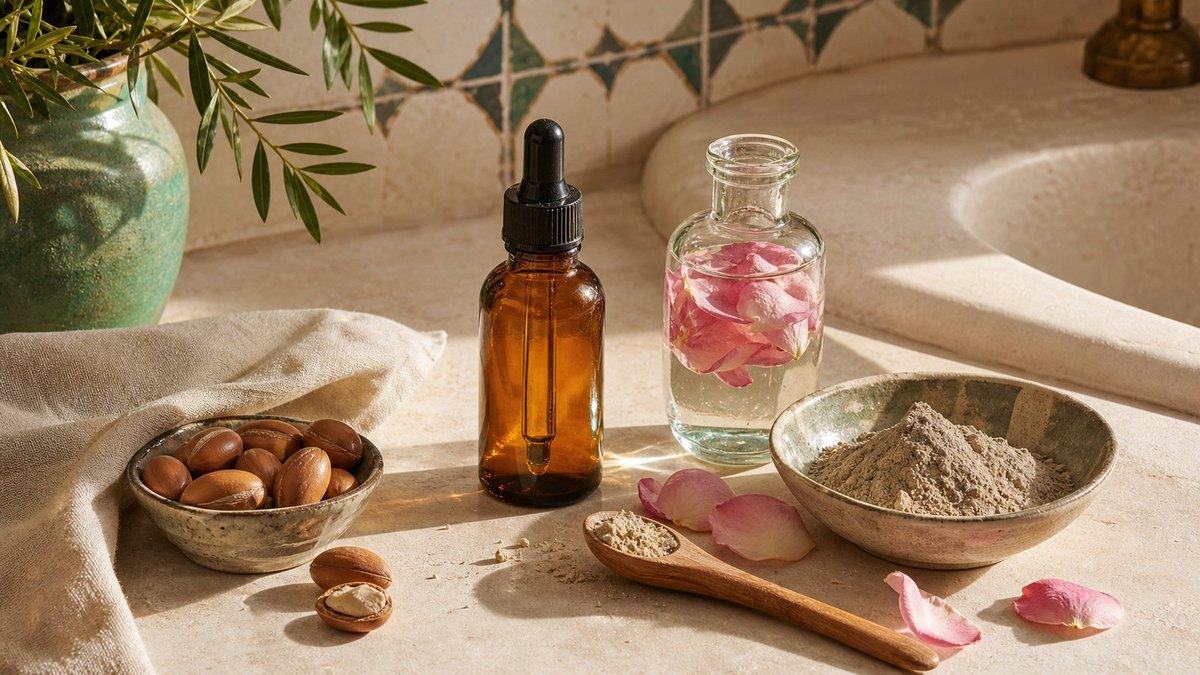 Ghassoul et bol de soin naturel pour la peau et les cheveux.