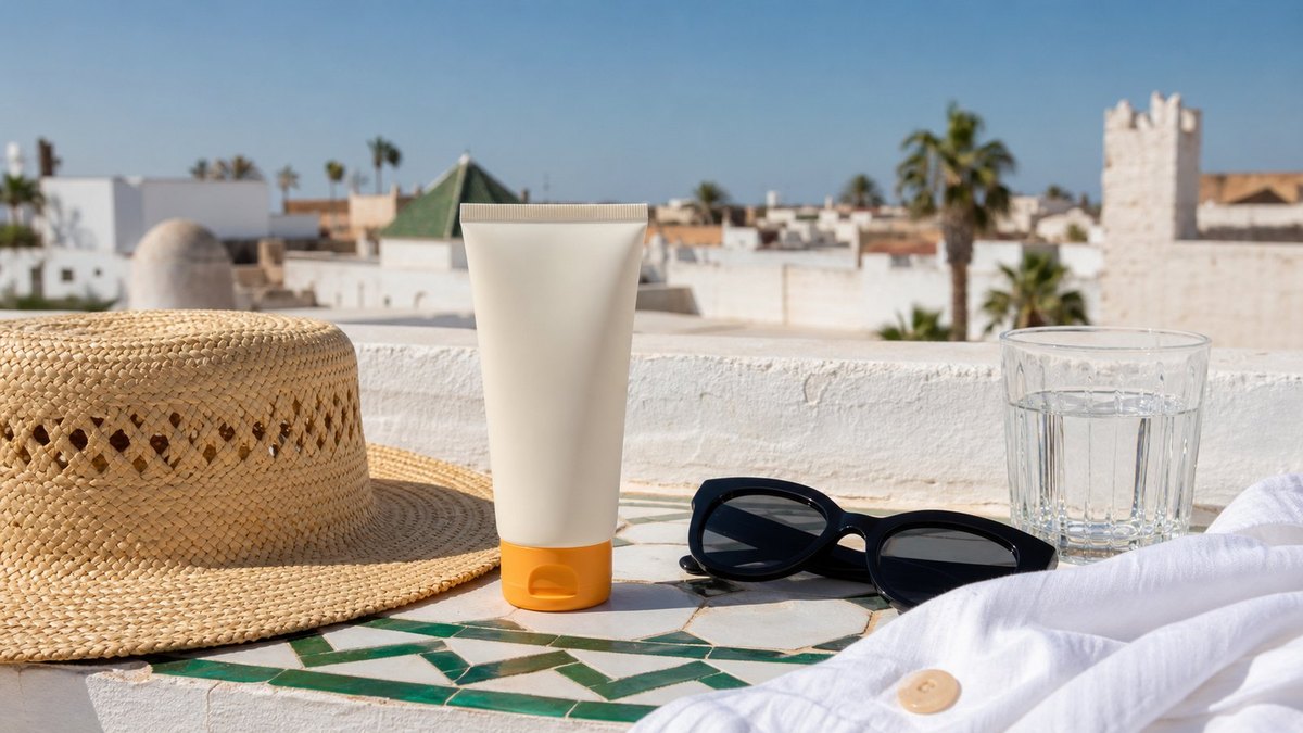 Creme solaire sur une table lumineuse pour se proteger du soleil au Maroc.